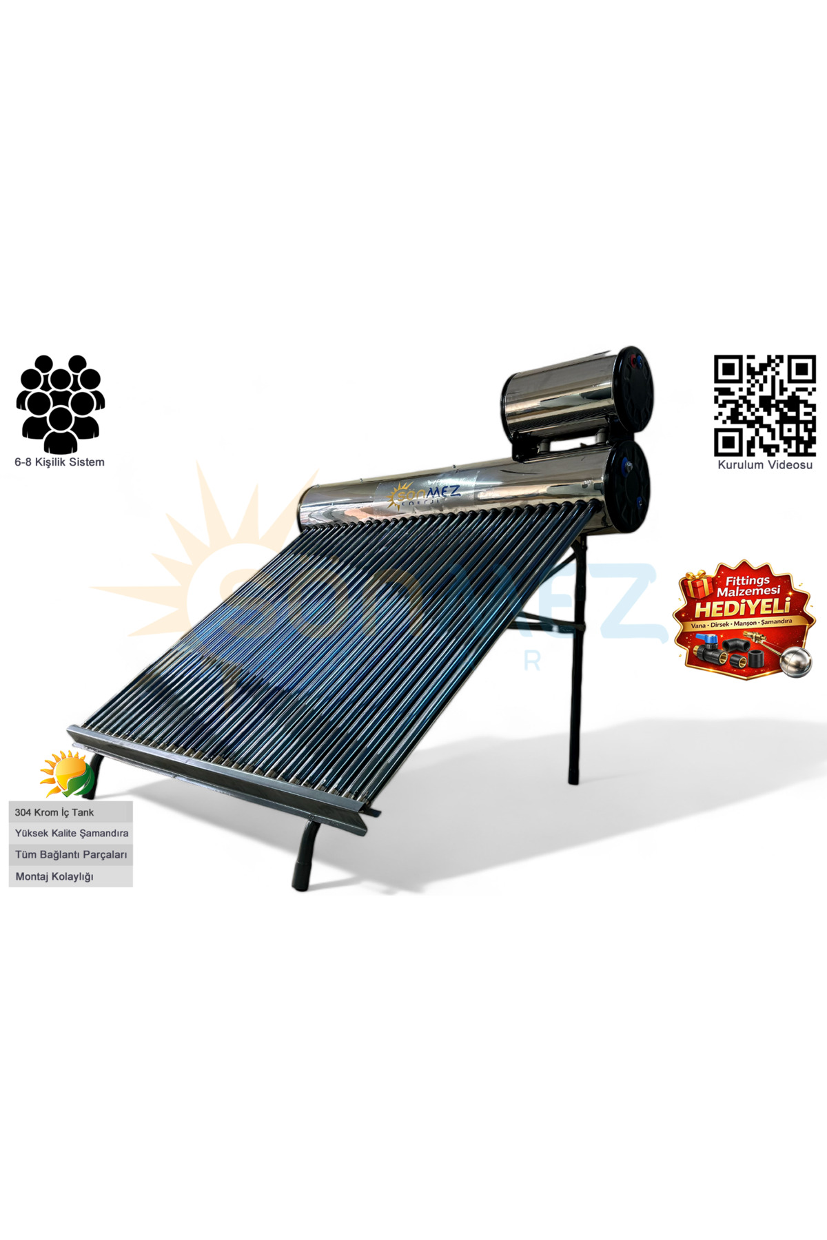 SÖNMEZ Solar 36x Krom Basınçlı Vakum Tüplü Güneş Enerji Sıcak Su Sistemi (KAPALI DEVRE)