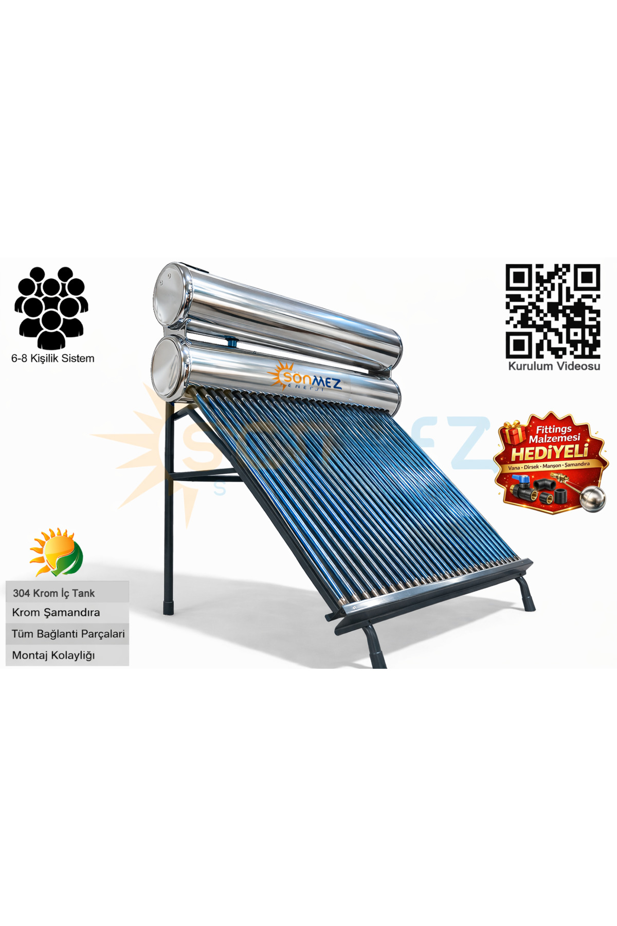 SÖNMEZ Solar KROM KILIF 30x Vakum Tüplü Güneş Enerjisi Sıcak Su Sistemi (AÇIK DEVRE DOĞAL AKIŞLI)