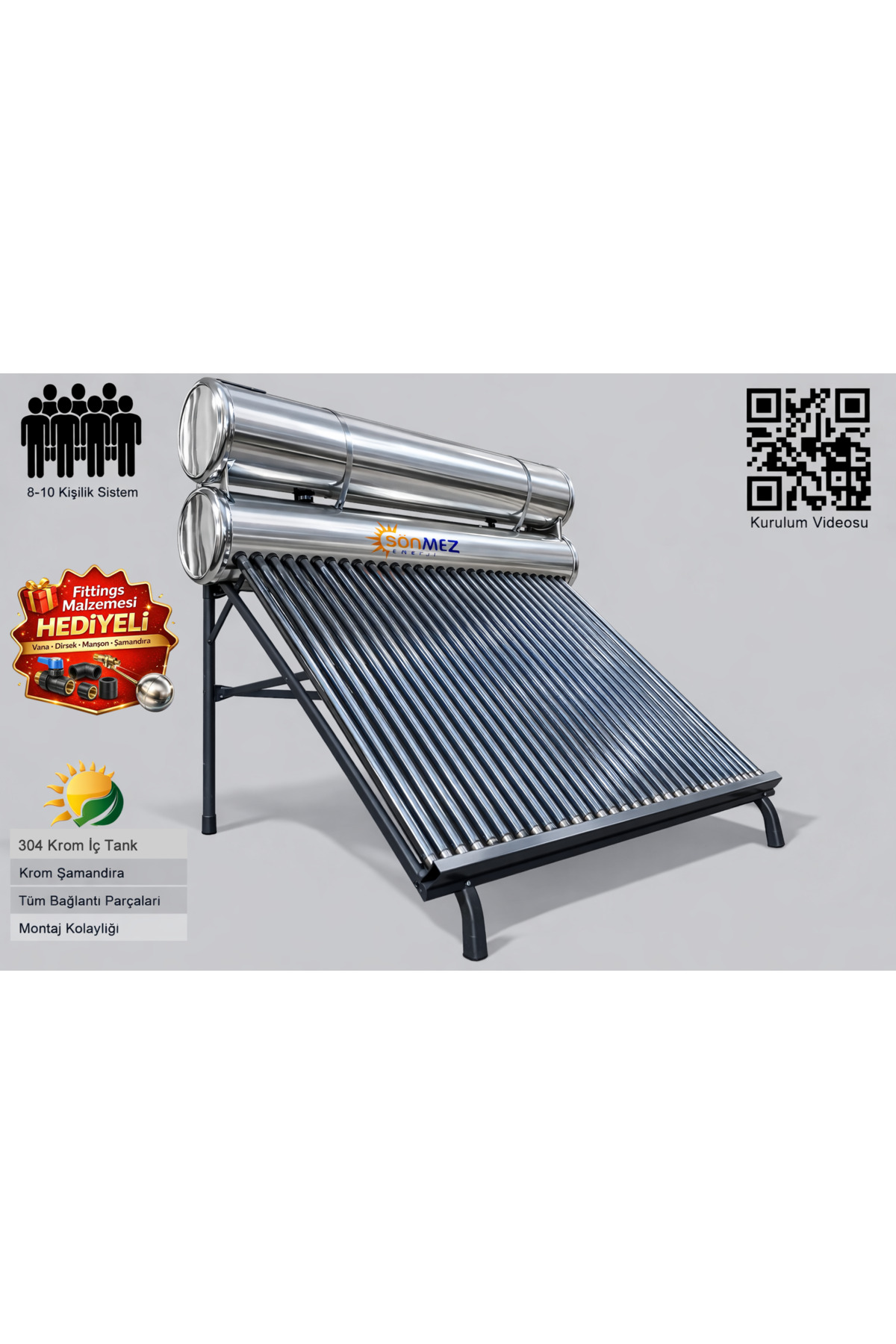 SÖNMEZ Solar KROM KILIF 36x Vakum Tüplü Güneş Enerjisi Sıcak Su Sistemi (AÇIK DEVRE DOĞAL AKIŞLI)
