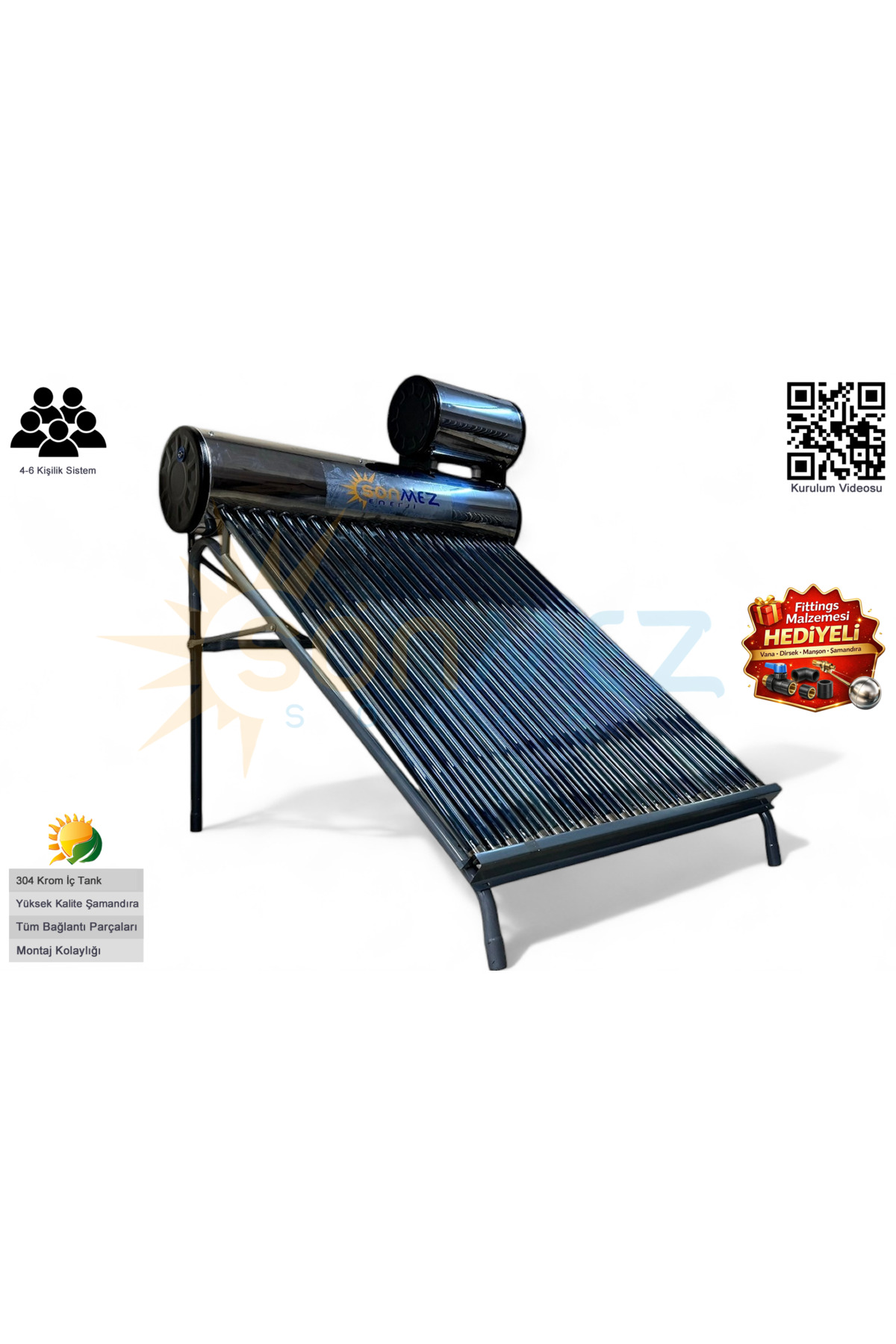 SÖNMEZ Solar 24x Krom Basınçlı Vakum Tüplü Güneş Enerjisi Sıcak Su Sistemi (KAPALI DEVRE BASINÇLI)