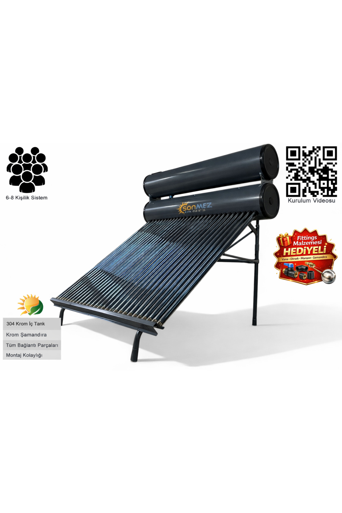 SÖNMEZ Solar 30x Vakum Tüplü Güneş Enerjisi Sıcak Su Sistemleri (AÇIK DEVRE DOĞAL AKIŞLI)