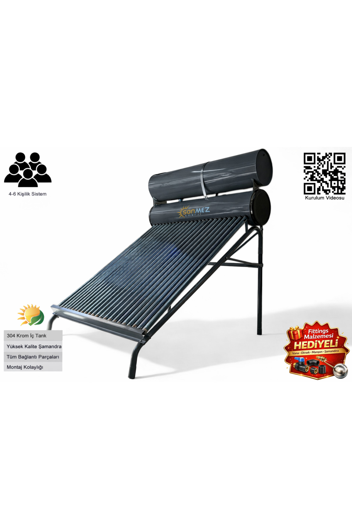 SÖNMEZ Solar 24x Vakum Tüplü Güneş Enerjisi Sıcak Su Sistemi (AÇIK DEVRE DOĞAL AKIŞLI)